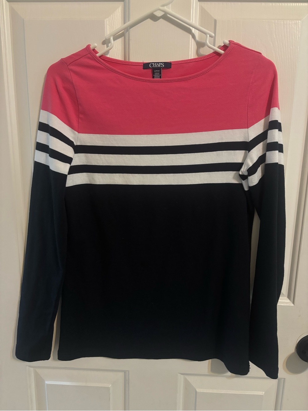 Chaps Women’s Long-Sleeve Colorblock Striped Top — Pink, White & navy